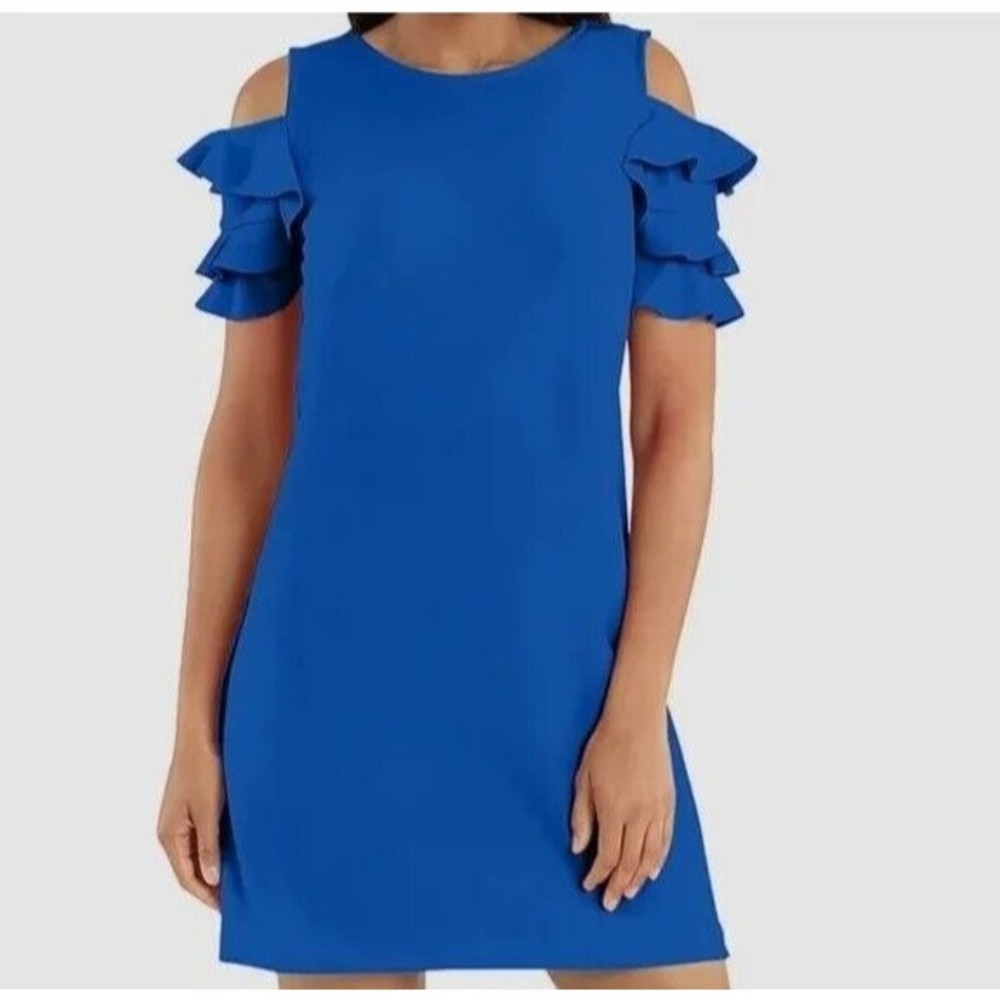 London Times Blue Ruffle Cold Shoulder Shift Dress Size 14